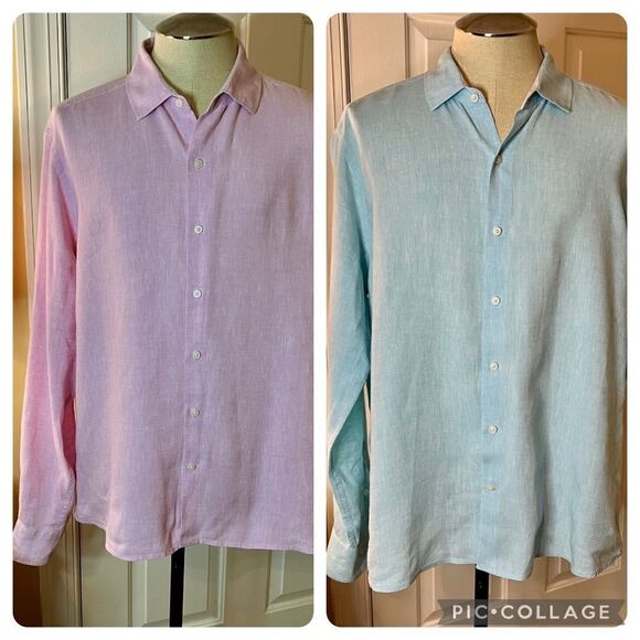 Lot of 2 Men's Saks Fifth Avenue Lilac Turquoise Linen Button Front Shirts XL - Picture 1 of 9